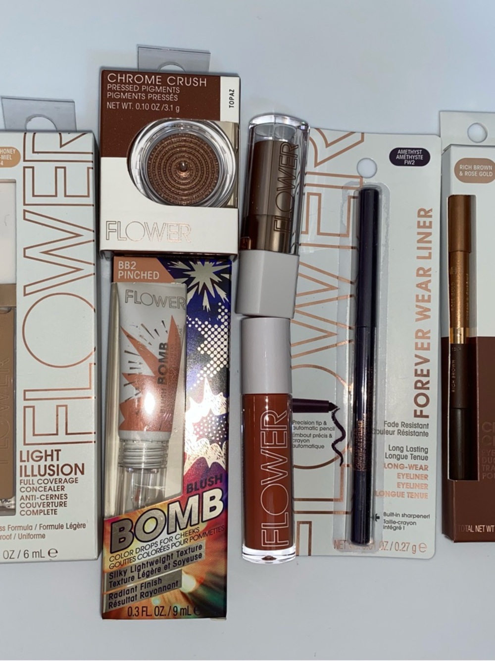 7 PC Flower Beauty Lot: Blush Bombs, Chrome CRUSH, Lip Stick, Eyeliner, Conceale